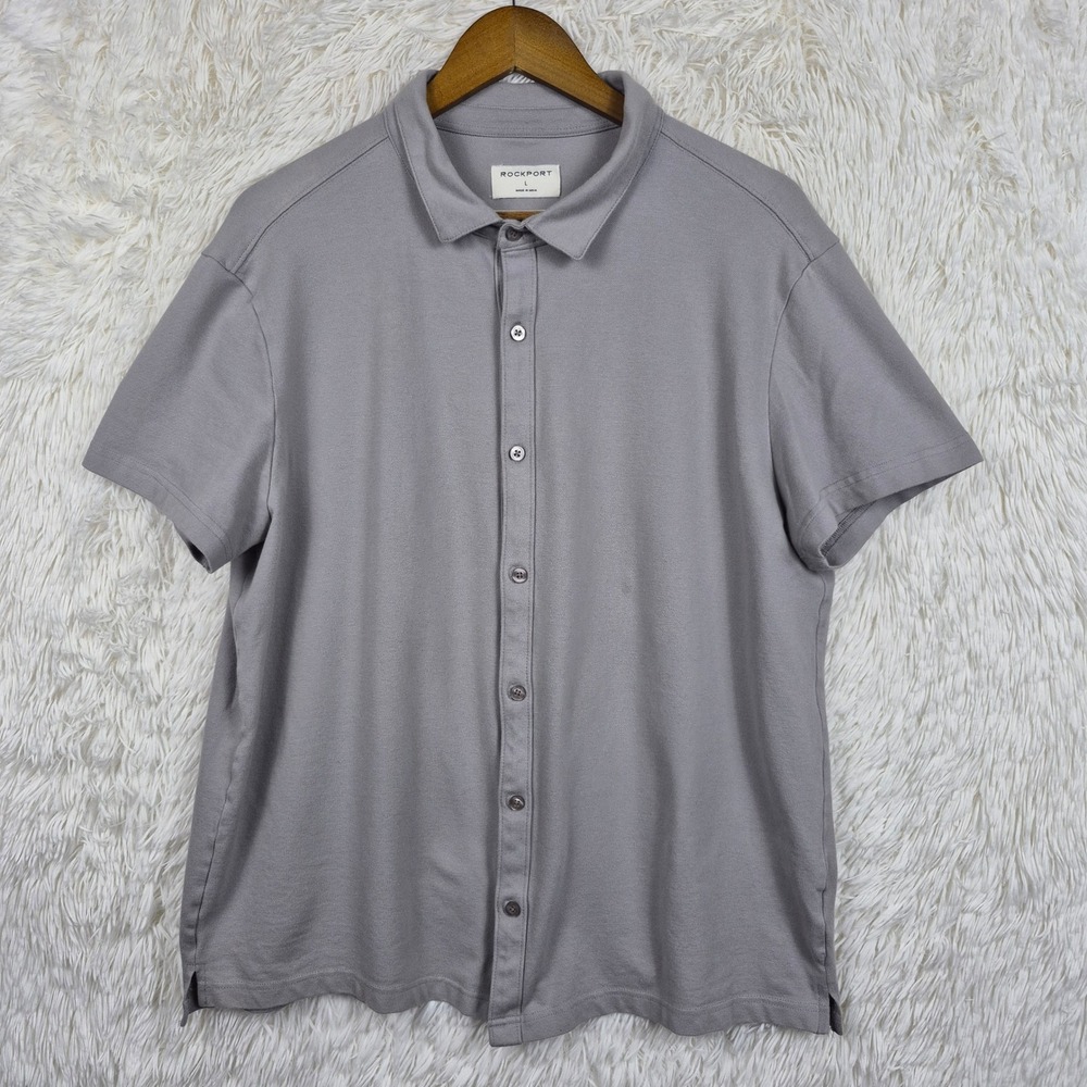 Rockport Mens Gray Short Sleeve Button Down Pique Shirt Large Stretch Coastal